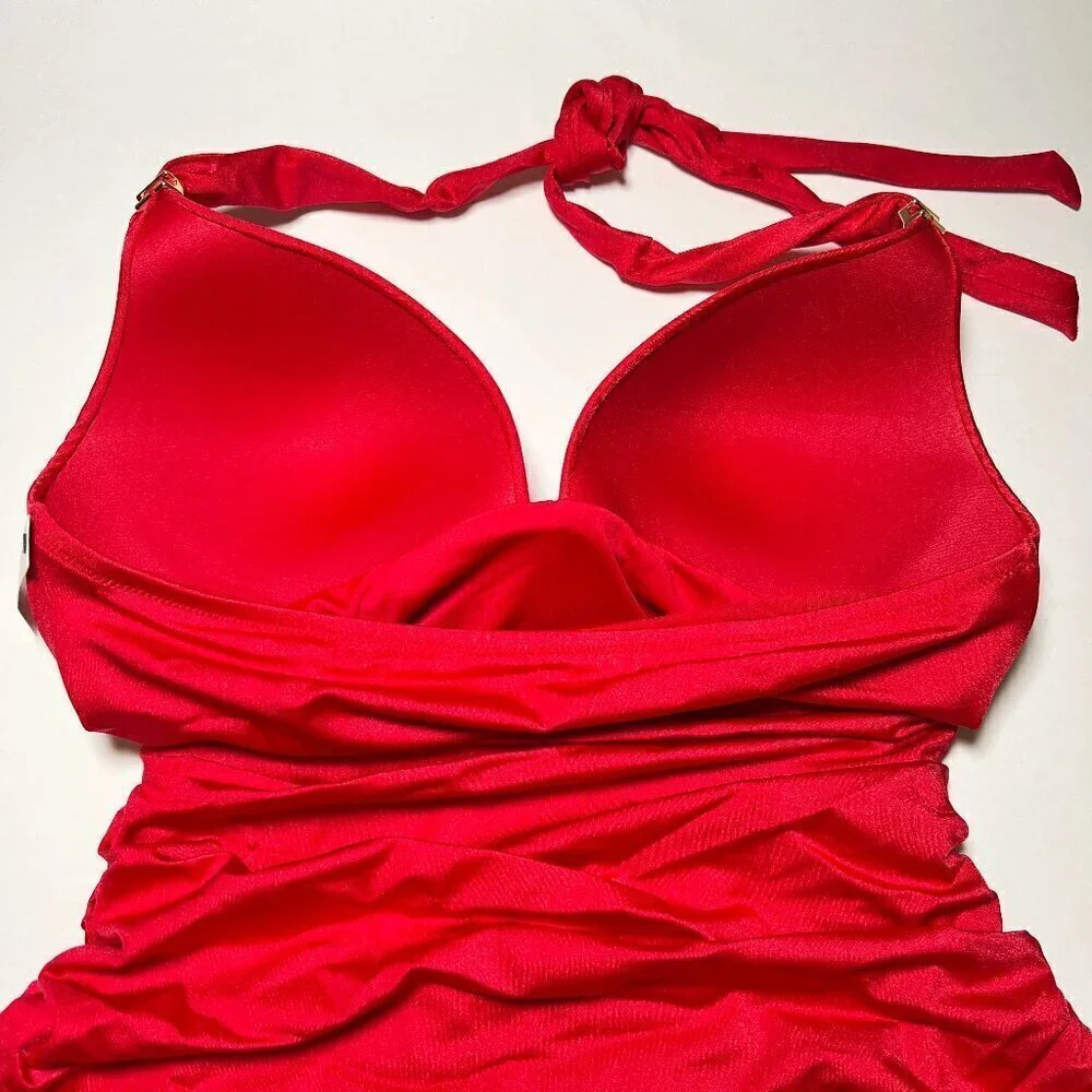 Victoria Secret Large L One Piece Swimsuit Bikini Push Up Ruched Lipstick Red